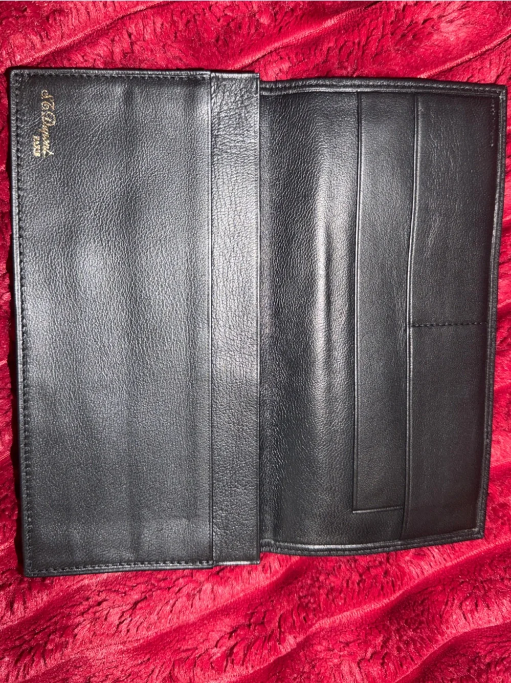 ST Dupont Paris Black Leather Envelope Clutch with Brown Trim and Gold Initial